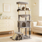 Cat Tree, 66 Inches Modern Cat Tower for Indoor Cats, Multi-Level Tall Cat Tree for Large Cats with Sisal-Covered Scratching Posts, Padded Platform, Hammock, and Condo, Grey