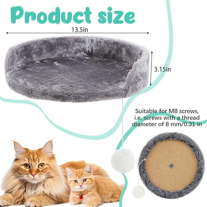 2 Pcs 13.39 Inches Semi Edged Cat Tree Replacement Parts Cat Tree Tower Accessories with Hanging Elastic Strings Pom Pom Toys for Platform Perch Shelves(Gray)