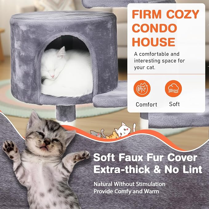 ‌Dopinmin 36" Winter Cat Tree - Plush Multi-Level Indoor Cat Tower with Sisal Scratching Posts & Ramp Plush Condo for Kittens,Light Gray