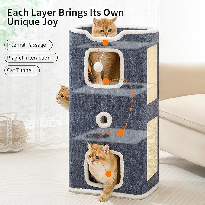 Cat House, Cat Beds for Indoor Cats, 3-Story Cat Condo Cube with Scratch Pad and Fluffy Ball Hanging, Multi-Level Cozy Hideout Center Ideal for Small/Medium Cats