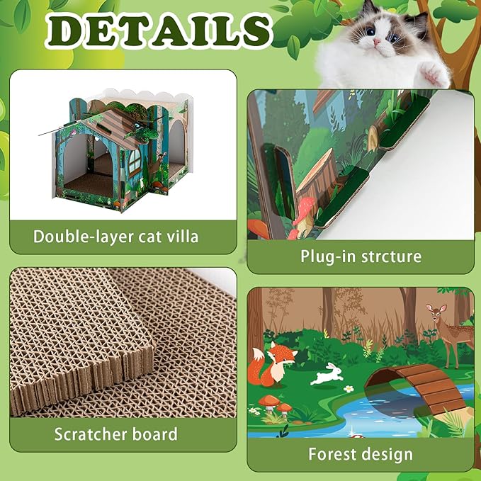 2 Story Cardboard Cat House with Scratcher Pad for Small Kitten,17x12x10 Multi Level Durable Cat Condo & Villa for Bunny Rabbit Small Animals Christmas Birthday Gift(17x12x10,Forest)