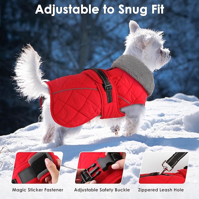 Dog Coat, Waterproof Dog Winter Jacket with Adjustable Buckle, Reflective Turtleneck Pet Snow Vest Warm Fleece Sweater for Small Medium Large Dogs - Red, 2XL