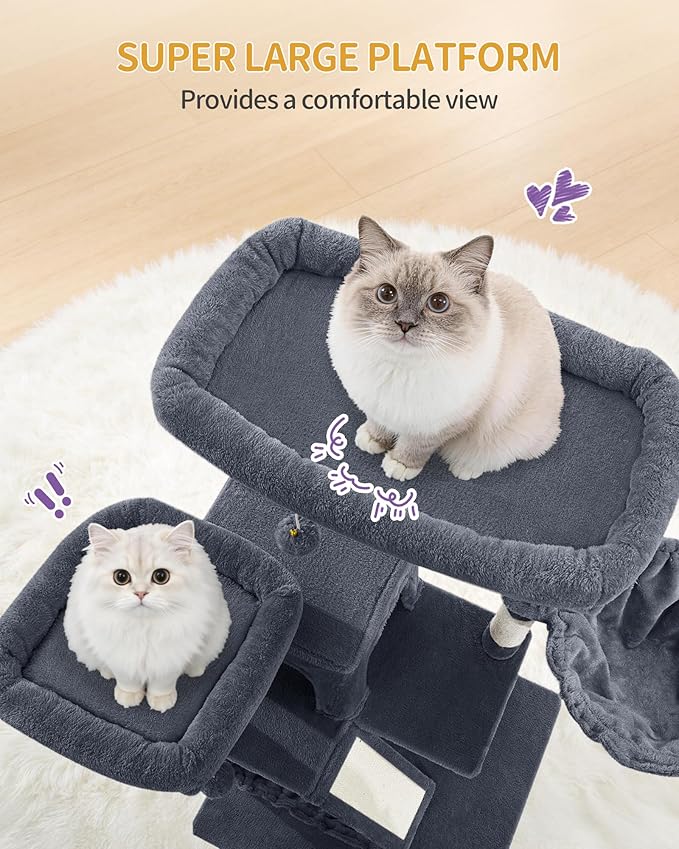 Large Cat Tree, 72 Inch Tall Indoor Cat Tower for 6 Large Cats, Corner Climbing Activity Pet Condo with 2 Large Platforms/2 Cats House/6 Scratching Post/1 Hanging Basket, Dark Gray MS18318SG