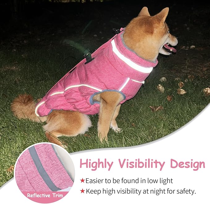 Malier Dog Coat, Reflective Dog Jacket Waterproof Windproof Puppy Cold Weather Coats with Harness Built in, Winter Extra Warm Pet Coat Fleece Vest for Small Large Pets and Puppy(Pink, Medium)