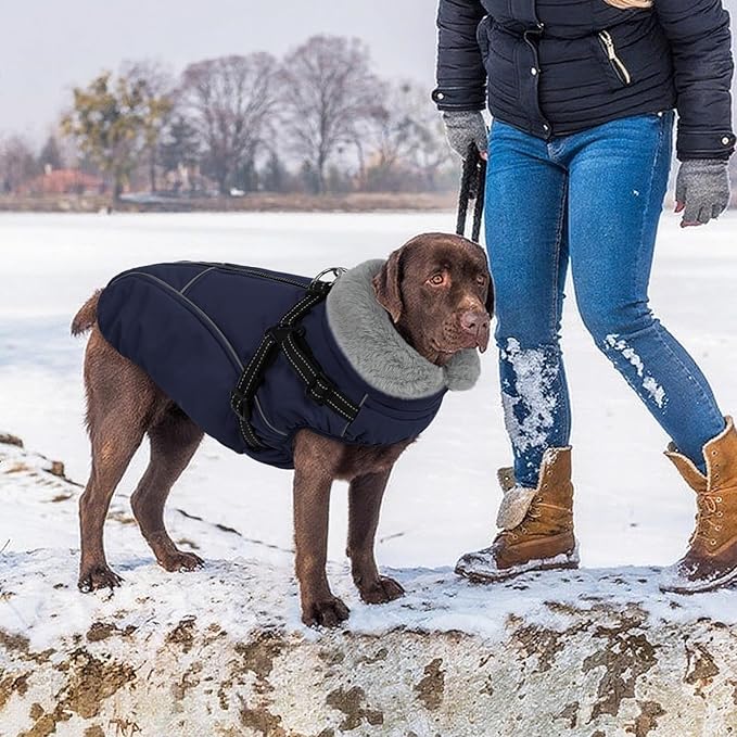 XL Dog Winter Coat with Harness Built in, Dog Puffer Jacket for Large Dogs, Pet Warm Winter Vest, Dark Blue XL