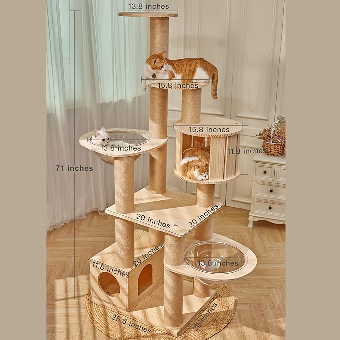 73" Tall Real Solid Wood Cat Tower with 2 Space Capsule Cat Beds, Top Bed,Thick Sisal Scratching Posts, Multi Cat Tree for Large Cats 20 lbs Heavy Duty, Cat Condo Furniture for Active Cats