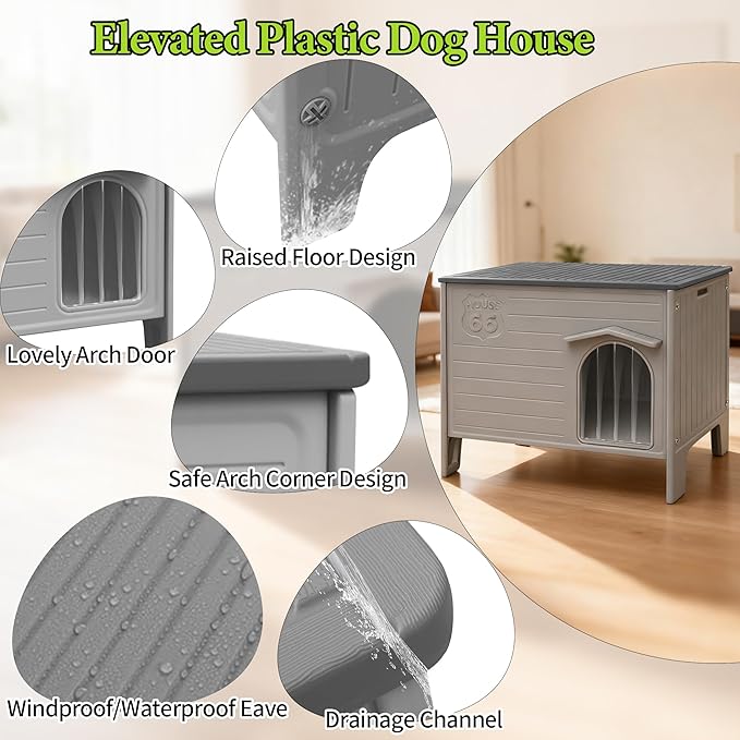 Dog House Outdoor Weatherpoof Plastic Dogs Houses Indoor Waterproof Stray/Pet Dog Shelter Outside for Medium and Small Dogs