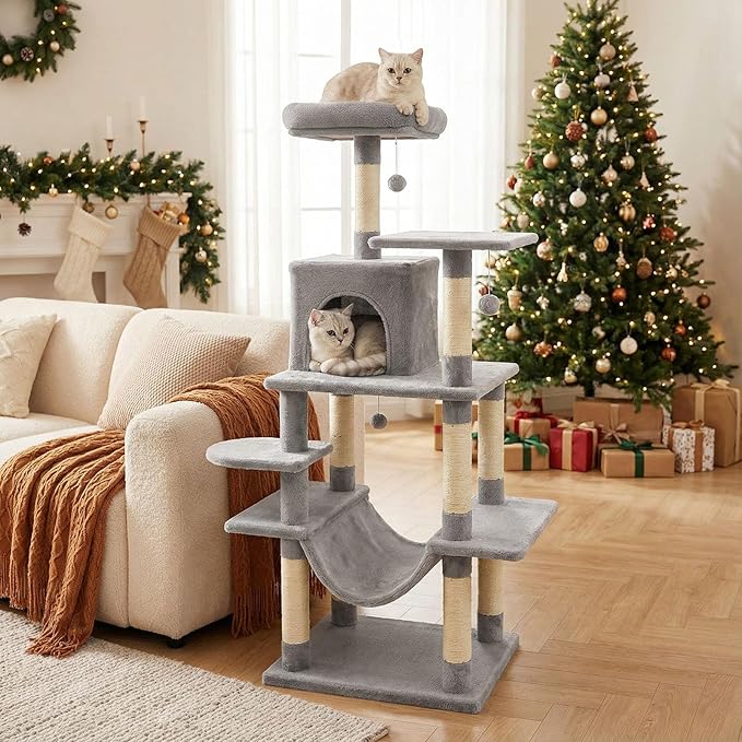 Tangkula 58 Inch Cat Tree Tower, Multi-Level Cat Tower with Sisal Scratching Posts, Padded Top Perch, Condo & Hammock, 3 Hanging Balls, Jumping Platforms for Indoor Cats (Light Gray)