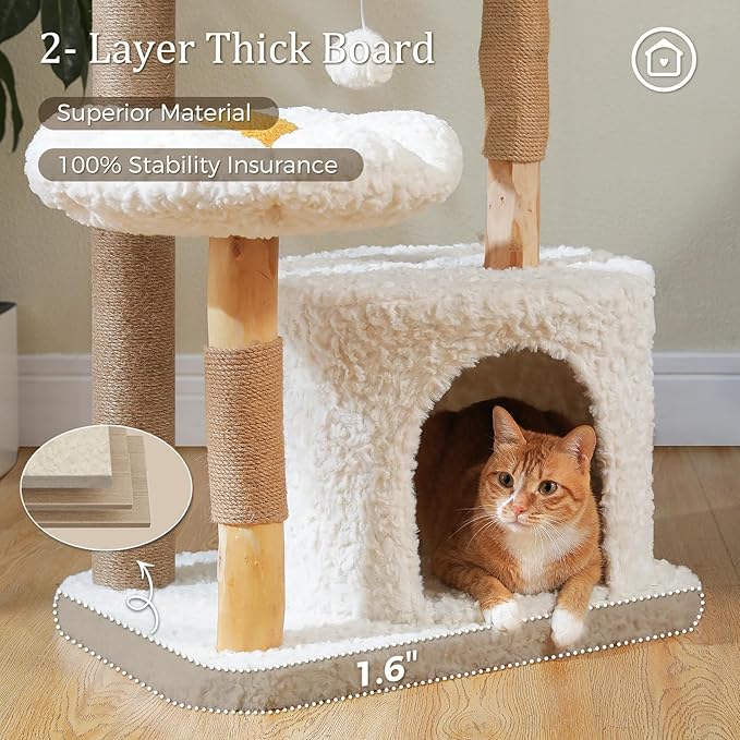 PETEPELA Modern Cat Tree Tower for Indoor Large Cats w/Removable Flower Perch, Real Solid Wood Cat Scratching Posts, Boho Ratten Cat Furniture w/Cozy Condo & Wicker Basket Bed, White