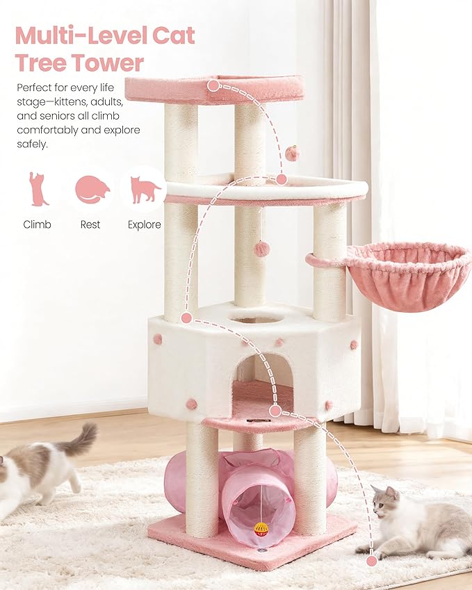 Heavy Duty Cat Tree for Large Cats Adult - 60 Inch XXL Sturdy Cat Tower Condo with Extra Wide Scratching Posts (φ4.4in) Big Cat House Hammock Perch - Indoor Wood Modern Multi Level Corner Cat Bed