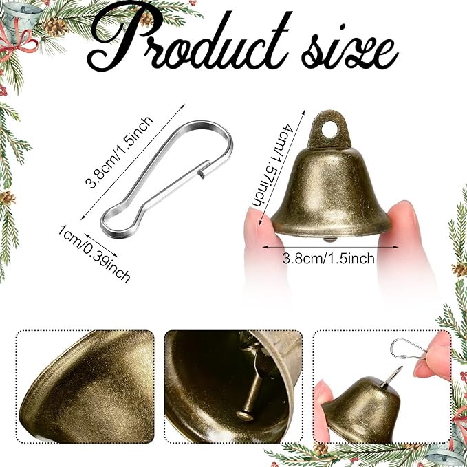 Shimeyao 100 Pieces Bronze Bells 1.5 x 1.57 Inch Vintage Small Bells with Spring Hooks for Craft Wind Chimes Dog Potty Training Doorbell Wedding Decor Craft Making Hanging Favor
