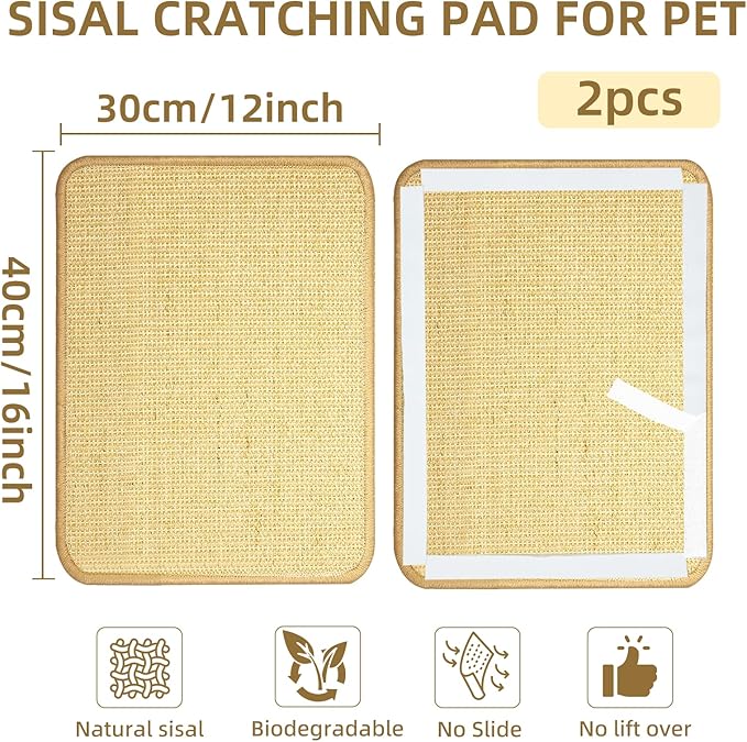 2 Pack Natural Sisal Cat and Rabbit Scratching Mat, 16" x 12" Horizontal Scratching Pad with Sticky Velcro Tape,Protects Furniture Sofa Carpet(Beige)