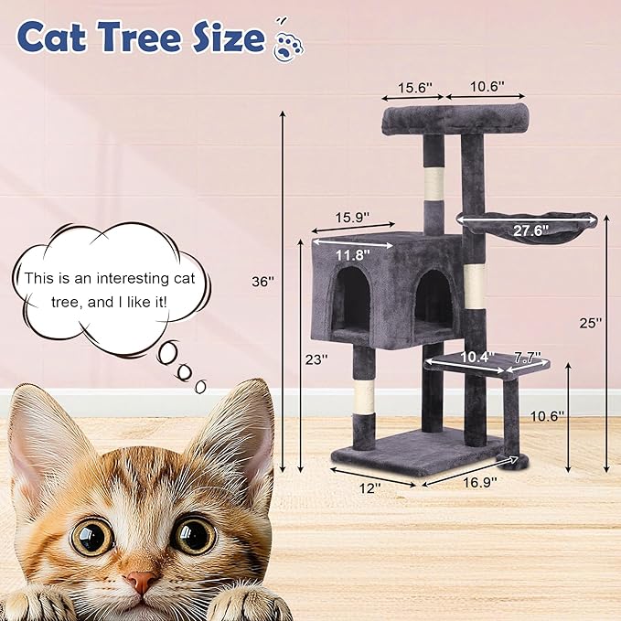 BLKMTY 36" Cat Tree Tall Cat Tower for Indoor Cats Condo Climber with Scratching Post, Climbing Stand, Plush Top Perch and Mouse Toy Cats Playhouse Kitty Activity Trees with Hammock, Light Gray