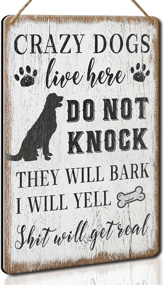 Wood Decorative Signage, DOGSlivehere, 12 x 8 inches, Funny Front Door Sign for Home Decor, Crazy Dogs Live Here - Please Do Not Knock Or Ring Doorbell