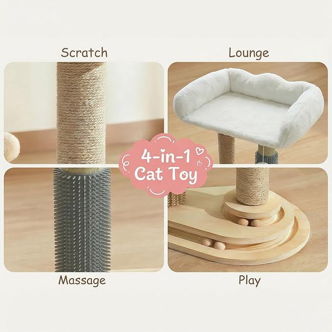 4-in-1 Small Cat Tower with Bed for Kittens, Cat Tree with Cat Self Groomer Brush, Track Balls, Natural Sisal Cat Tower with Interactive Toy, Scratching Post for Indoor Cats