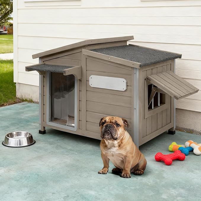 Outdoor Wooden Dog House for Small Dogs, Weatherproof Winter Dog Kennel with Openable Roof & Window, Chew-Resistant Frame, Cozy Indoor Shelter (Grey, 34" D x 22" W x 26.5" H)