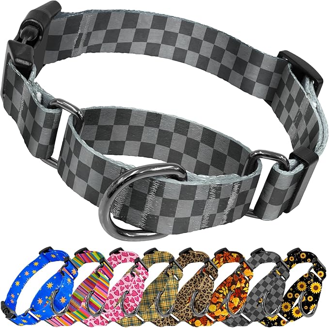 Kazazoo Martingale Collar for Dogs with Quick Release Buckle Adjustable Soft Durable Dog Collar for Small Medium Large No Pull Training Dog Collars-Black&Grey Plaid M