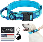 Hotsky Tactical Dog Collar, Adjustable Military Training Nylon Airtag Collar with Handle and Heavy Duty Metal Buckle for Medium Large Dogs, with Airtag Holder and Two Patches （Blue Camo,M）