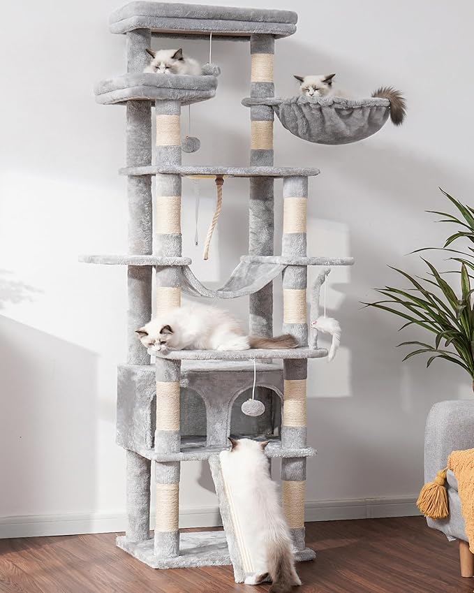 Heybly Tall Cat Tree, 78-inch Multi-Level Cat Tower for Indoor Cats, 2 Widened Plush Perches Cat Condo with Scratching Board and Big Caves, Light Gray HCT033W