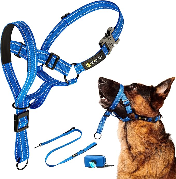 Dog Headcollar With Leash And Safety Strap Stops Heavy Pulling On The Leash Padded Reflective Head Halter For Small Medium Large Dogs Adjustable Head Harness For Training And Walking, (XL, Blue)