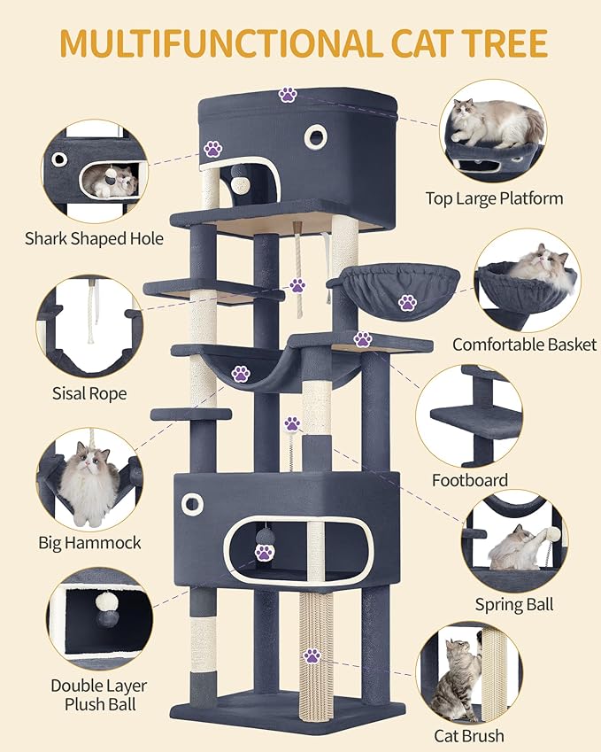 79.9 inch Cat Tree for Indoor Cats, Multi-Layer Scratching Post with Large Platform, 2 Caves, 7 Sisal Posts, Pompoms, Cat Basket, Hammock, Suitable for Cats, Dark Gray MS20318SG