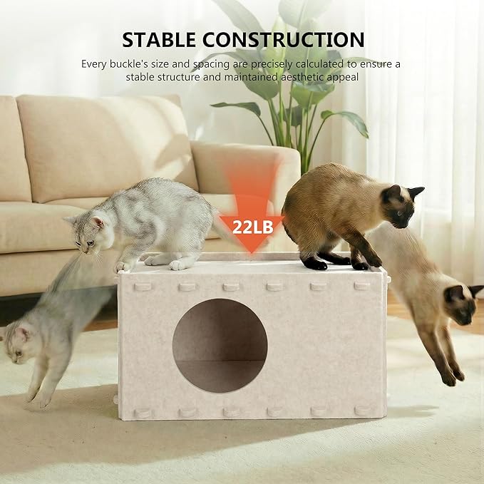 Cat House for Indoor Cats, Foldable Felt Cat Cave, Cat Hideaway, Cat Bed for Large & Multiple Cats, 23.6x15.8x11.8 inch, Cream