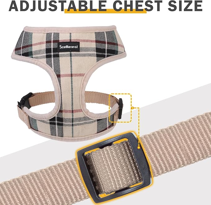 SCENEREAL No Pull Small Dog Harness Collar and Leash Set, Soft Mesh Plaid Puppy Harnesses for Fall Winter, No Chock Pet Vest for Outdoor Walking Training and Running, Beige S