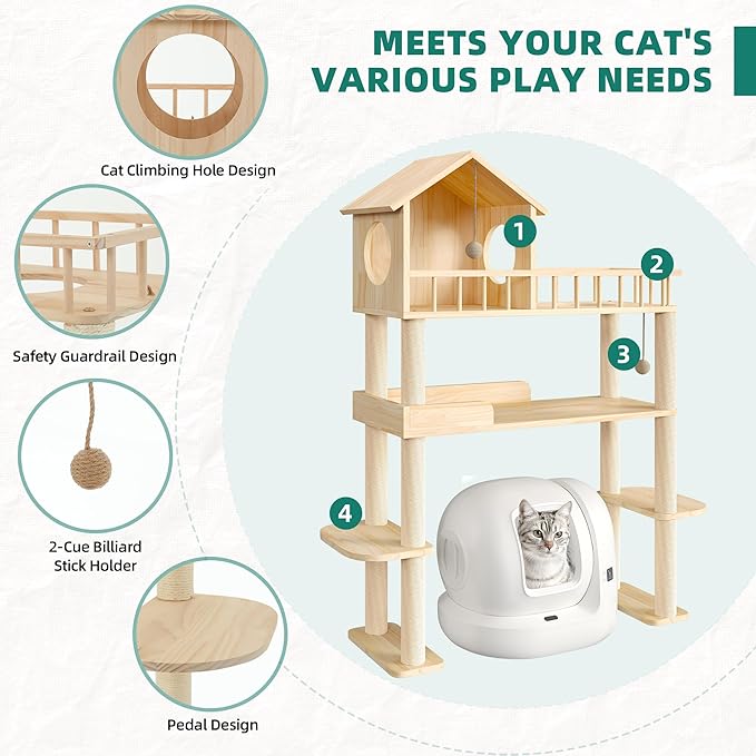 Wood Cat Tower for Automatic Litter Box, 60" Tall Cat Tree with Scratching Post, Multi-Level Solid Wood Cat Tree for Indoor Large Cats, Tall Cats Scratching Post Furniture w/House, Burlywood