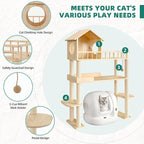 Wood Cat Tower for Automatic Litter Box, 60" Tall Cat Tree with Scratching Post, Multi-Level Solid Wood Cat Tree for Indoor Large Cats, Tall Cats Scratching Post Furniture w/House, Burlywood