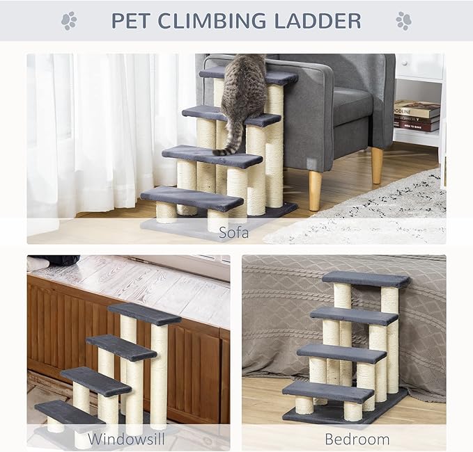 4 Levels Pet Stairs for High Beds Couch, Cute Stair Shaped Cat Tree for Indoor Cats or Dogs with Scratching Post, Hanging Play Ball, Gray