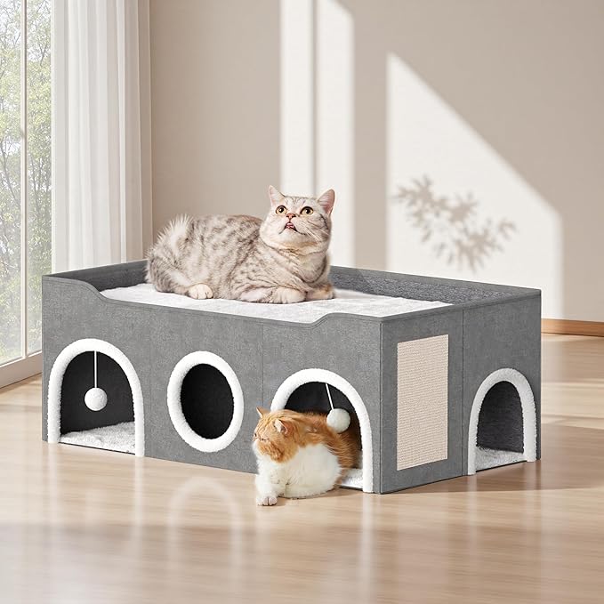 All-in-1 Extra-Wide Cat House for Indoor, Multi Cats Puppy Family, Large Cat Cave for Pet House with Fluffy Ball Hanging and Scratch Pad, Foldable Dog Hideaway