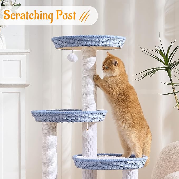 HITTITE Modern Cat Tree Tower with Scratching Post, 46 Inches Tall Cat Towers with Woven Cat Nests and Cave, Multi-Level Cat Tree With Removable Cushions and Massage Brush for Indoor Cats Large Adult.
