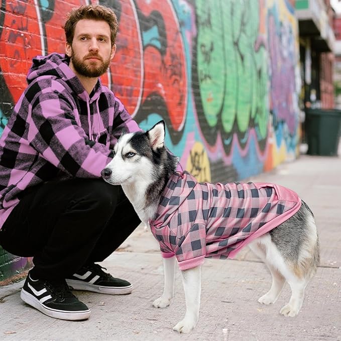 KOOLTAIL Plaid Dog Hoodie Pet Clothes Sweater with Hat and Pocket for Small Medium Large Size Dogs, Soft Winter Warm Dog Cold Weather Coat, Fleece Fall Dog Hooded Sweatshirt for Puppy Cats, Pink XXL