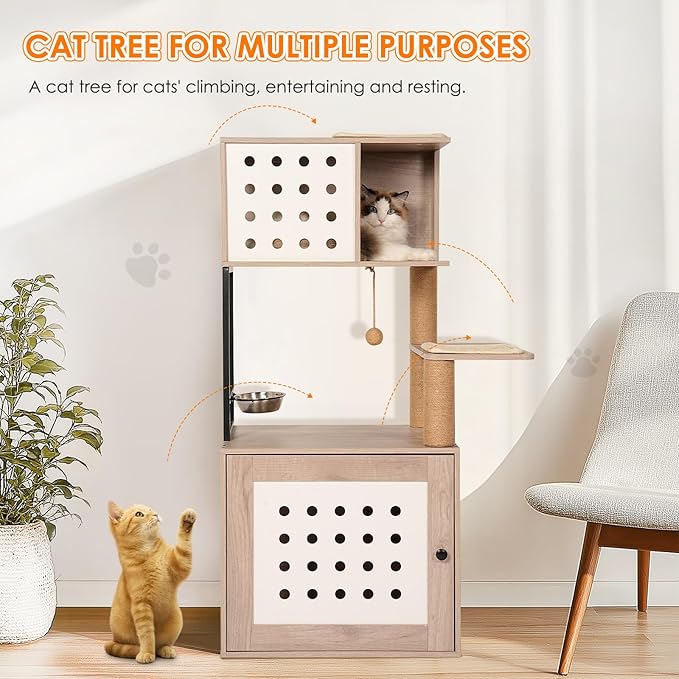 Modern Cat Tree Condo Tower Cat House Washroom Furniture Litter Box Enclosure with Scratching Posts, Feeding Bowl & Cat Teaser Ball, White+Gray (21.70" Lx16.90 Wx47.20 H)
