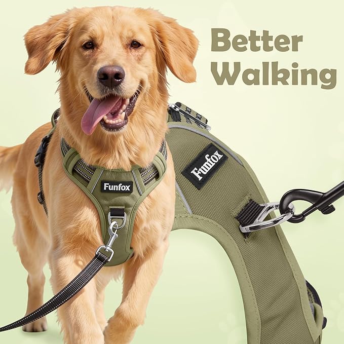 Funfox Dog Harness No Pull, Adjustable Pet Vest Harness, Super Soft Material with Vertical Handle Easy Control, Reflective Night Walking, 2 Leash Clips for Large Dogs, Army Green, L