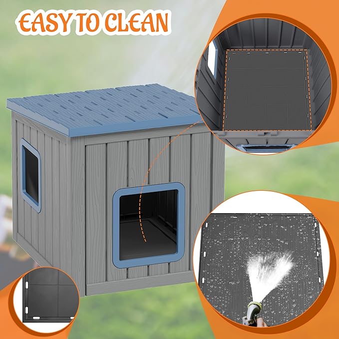 KAMABOKO Outdoor Cat Shelter Weatherproof PP Plastic Cat House for Winter, Insulated Cat Condo for Feral and Outdoor Cats with Waterproof Flat Base for Porch, Backyard, Blue