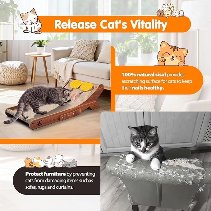 Sisal Cat Scratcher Bed, Natural Solid Wood Scratch Lounger, No Mess Scratching Chair Couch for Indoor Cats, 26 Inch Cat Scartching Pad, 3 in 1 Scratching Board, Furniture Protector