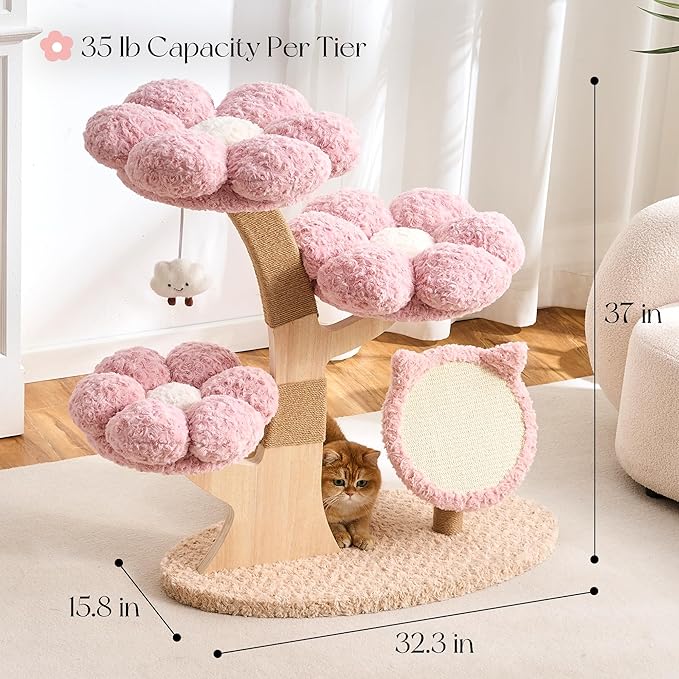 797Audio Flower Cat Tree, 37" Wood Branch Cat Tower, Pink Cloud Cat Tree with Scratching Post for Indoor Adult Cats, Luxury Cat Tree with Cat Scratch Pad & Interactive Squeaky Hanging Toy