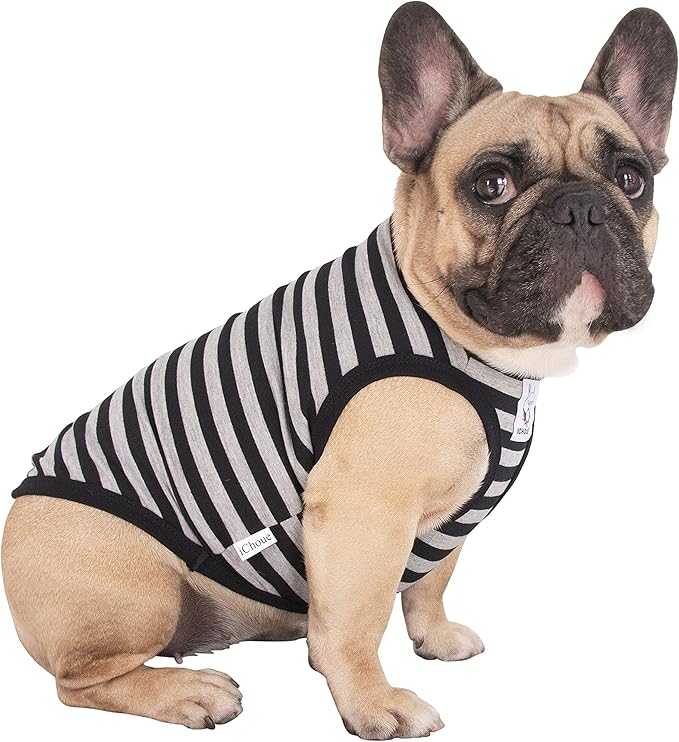 iChoue French Bulldog 100% Breathable Cotton Striped T Shirts Halloween Vest Clothes for Medium Dogs Tank Tops Frenchie Pug English Boston Terrier Pitbull Grey Black Stripes - Large Plus