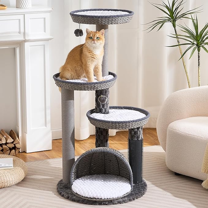 Wood Modern Cat Tree for Large Cat, 46" Tall Cat Tower with Scratching Posts, Cat Condo, Aesthetic Multi-Level Cat Climbing Tree with Hand-Woven Bed for Adult Indoor Cats-Grey