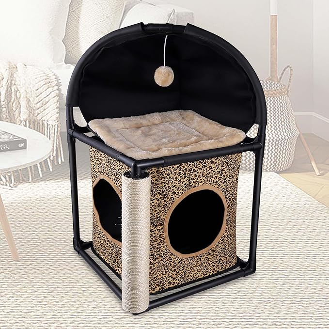 Goetland PVC Modern Cat Condo Cat House Cat Tree Small Cat Tower Bed Scratching Post Dangling Ball Hole for Kitty Indoors Cat Leopard