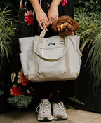 Cleverpup Transit Tote Dog Carrier for Small/Medium Dogs 8-20 lbs, 19x12x9 Soft-Sided 4-Pc Set with Waterproof Base, Plush Insert, Food Pouch, Mesh Head Opening - Medium, Sand