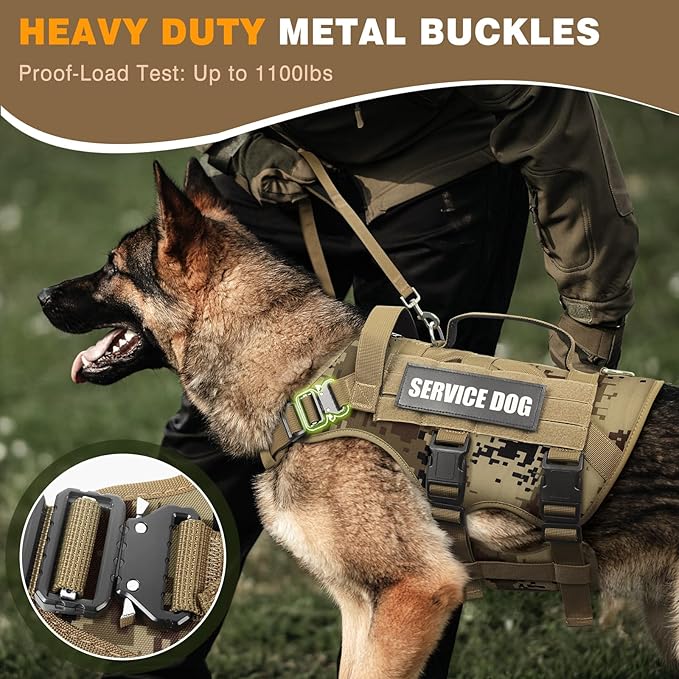 WINSEE Service Dog Vest Harness for Large Dog, Tactical Working MOLLE Vest with 10 Pet Patches, No Pull Heavy Duty Harness for Training Walking