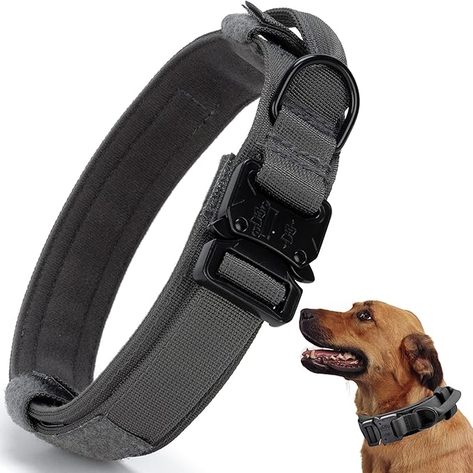 Tactical Dog Collar, Adjustable Military Training Nylon Dog Collar with Control Handle and Heavy Quick-Release Metal Buckle for Small Medium Large Dogs, Grey M