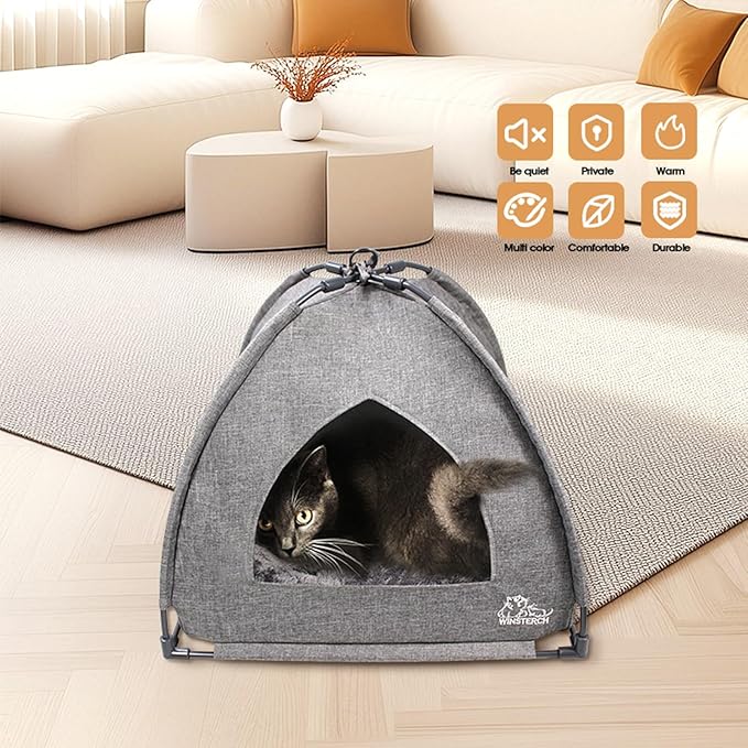 Winsterch Cat Bed Cave for Indoor Cats, Small Pet Tent Cave for Cats, Kittens, and Small Dogs, Warming Cat House with Removable Washable Cushion (18.5'‘ x 18.5’' x 15.8'', Grey)