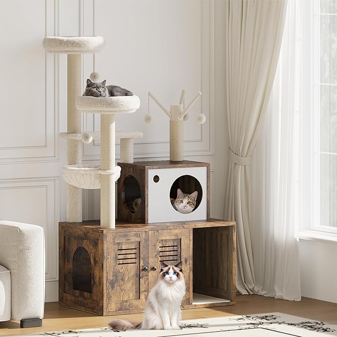 TrailBlaze Cat Tree with Litter Box Enclosure, Wooden Cat Condo with Platform, Hammock, Pompoms, Scratching Posts, All-in-One Cat Furniture for Indoor Kitten, 31.5" l x18.9 w x55.1 h(Brown)