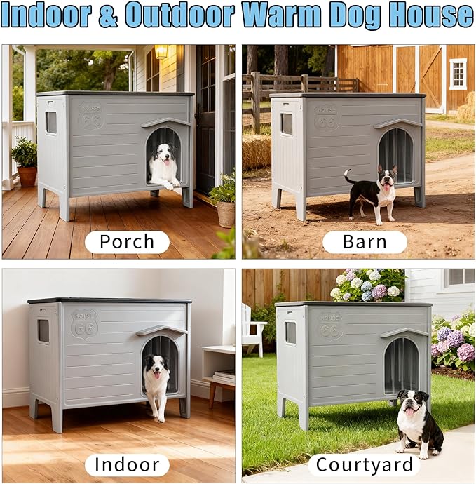 Durable Waterproof Plastic Dog House for Outdoor Indoor,Outside Dog House with Side Window Elevated Floor, Easy to Assemble Easy to Clean