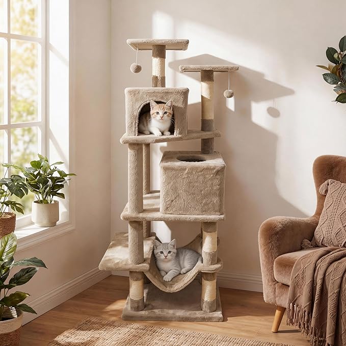 PETSITE 57-inch Modern Cat Tree, Multi-Level Cat Tower with 2 Comfy Condos, Sisal Scratching Posts, Plush Top Perch, Snug Hammock, and Dangling Balls, Ideal for Indoor Cats and Kittens (Coffee)