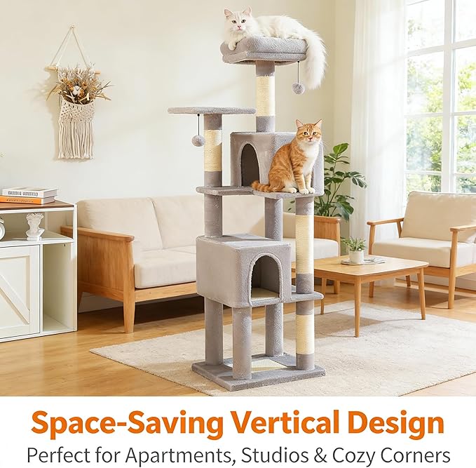 62" Cat Tree for Adult Cats - Multi-Level Tower with 2 Condos, Scratching Posts, Plush Bed & Pompoms, Gray