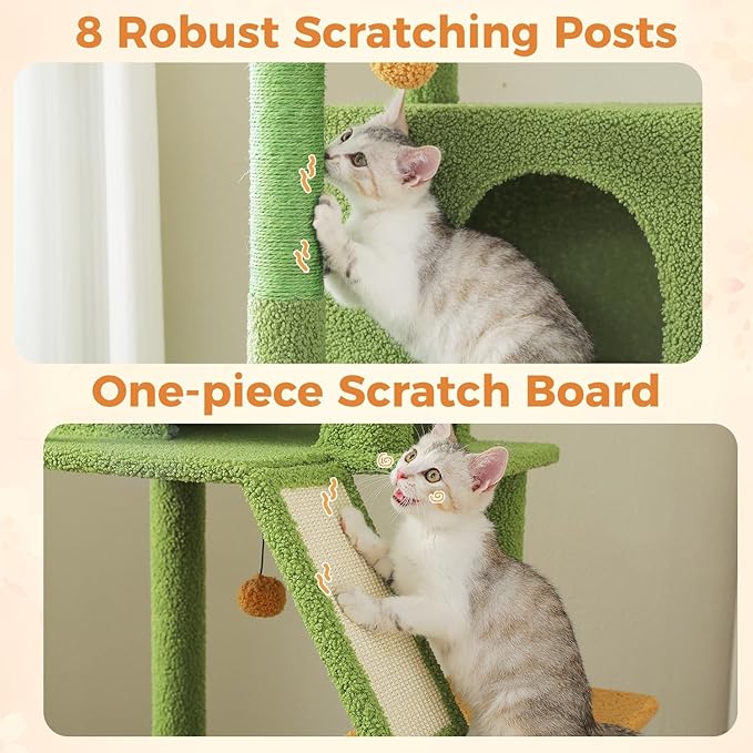 71” Cactus Cat Tree for Large Cats, Extra Stable Tall Cat Tower with Oversized Hammock, 2 Condos, Sisal Scratching Posts, Vertical Multi-Level Cat Tree for Indoor Multi-Cat Homes